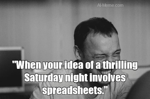 meme When your idea of a thrilling Saturday night involves spreadsheets.