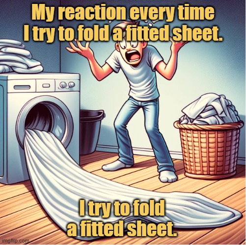meme My reaction every time I try to fold a fitted sheet.