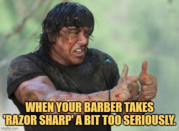 meme When your barber takes 'razor sharp' a bit too seriously.
