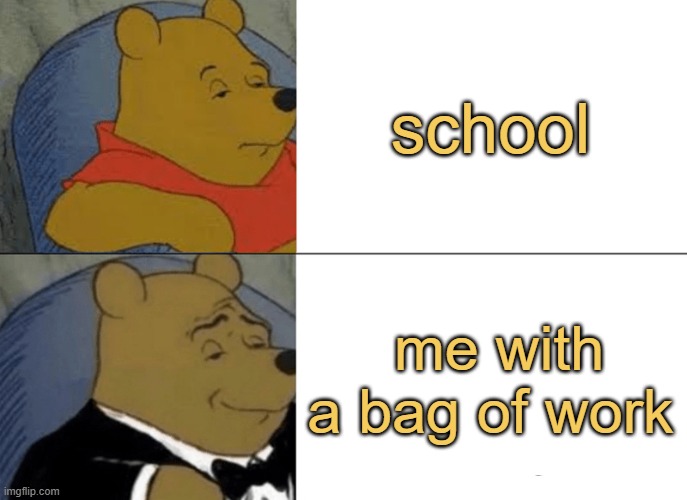meme SCHOOL IS ME WITH A BAG OF WORK