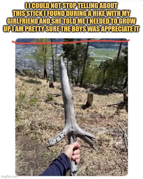 meme  I could not stop telling about this stick I found during a hike with my girlfriend and she told me I needed to grow up I am pretty sure the boys was appreciate it